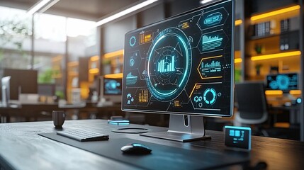 A smart office showcasing encrypted IoT devices ensuring seamless and secure operations Stock Photo with side copy space