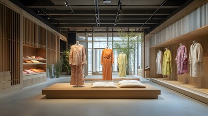 Minimalist apparel store interior with wooden displays and natural light.