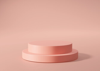 3D rendered illustration of a simple, two-tiered round pedestal icon in pastel pink tones. Focus on simplicity, elegance and cleanliness. Suitable for presenting cosmetic products, fashion products