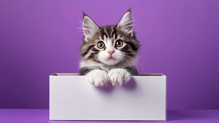 playful cat peeks out of white box against purple background