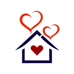 A house roof shaped like a heart, with whimsical smoke curling from the chimney, forming smaller heart-shaped puffs, symbolizing warmth and love.
