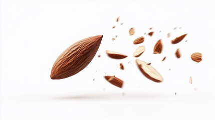 Falling almond isolated on white background, clipping path, full depth of field.