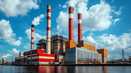 Obraz premium Industrial Power Plant with Tall Chimneys under Blue Sky