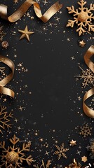 Portrait Christmas and New Year with gold decorations on black background. Copy space, top view.