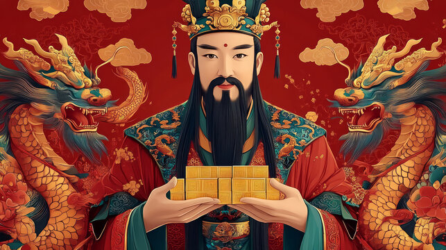 Chinese style Spring Festival traditional festival New Year welcomes the God of Wealth illustration