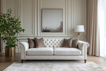 Coastal Elegance: White Chesterfield Sofa with Nautical Artwork in Contemporary Living Space