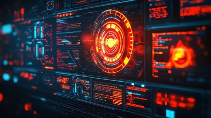 Obraz premium A futuristic holographic interface displaying real-time cybersecurity analytics Stock Photo with side copy space