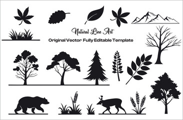 Set of natural line art icons in black silhouette style with white background icons, frames and Design elements, Illustration, and Vector design Template.
