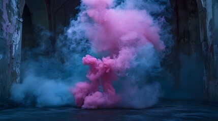 Pink and blue smoke billows in a dilapidated building