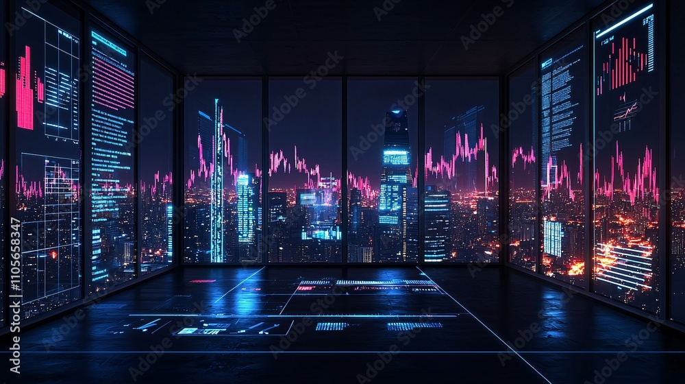 Poster A futuristic workspace with holographic displays showcasing business analytics and AI integration Stock Photo with side copy space