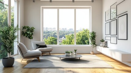 Modern living room with large window, city view, and comfortable seating.