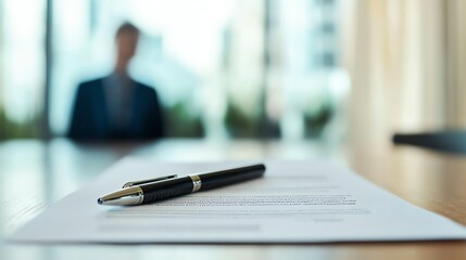 Bright modern office with property loan paperwork on table, focus on pen and documents, banker in background, professional yet inviting