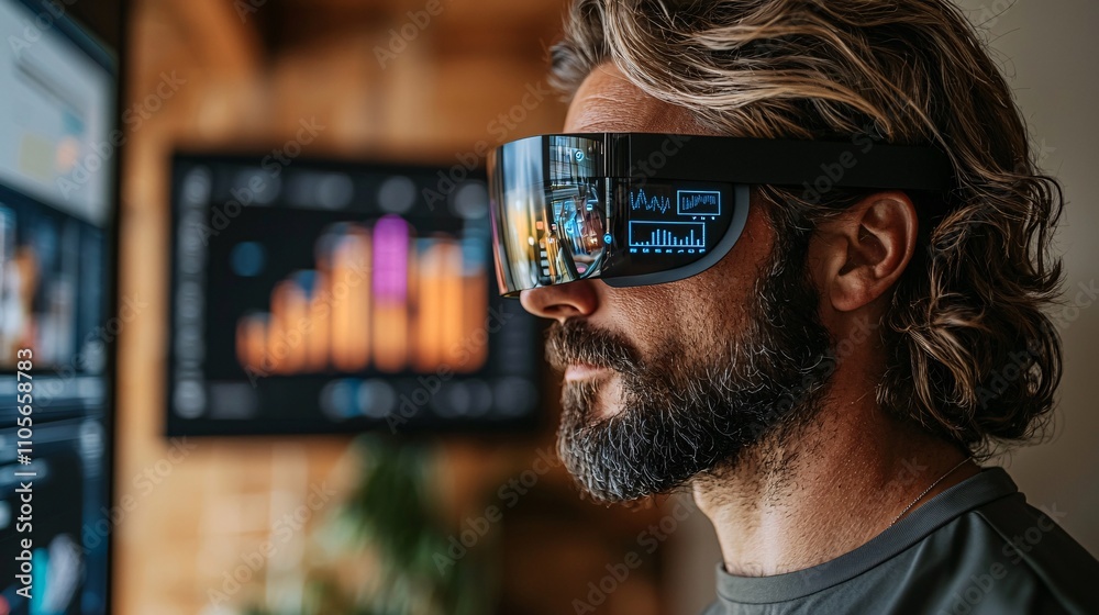 Poster A business leader using augmented reality glasses to interact with a digital dashboard Stock Photo with side copy space
