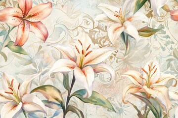 Artistic representation of lilies with an ornate background, this image merges elegant floral themes with detailed and sophisticated artistic pattern elements.