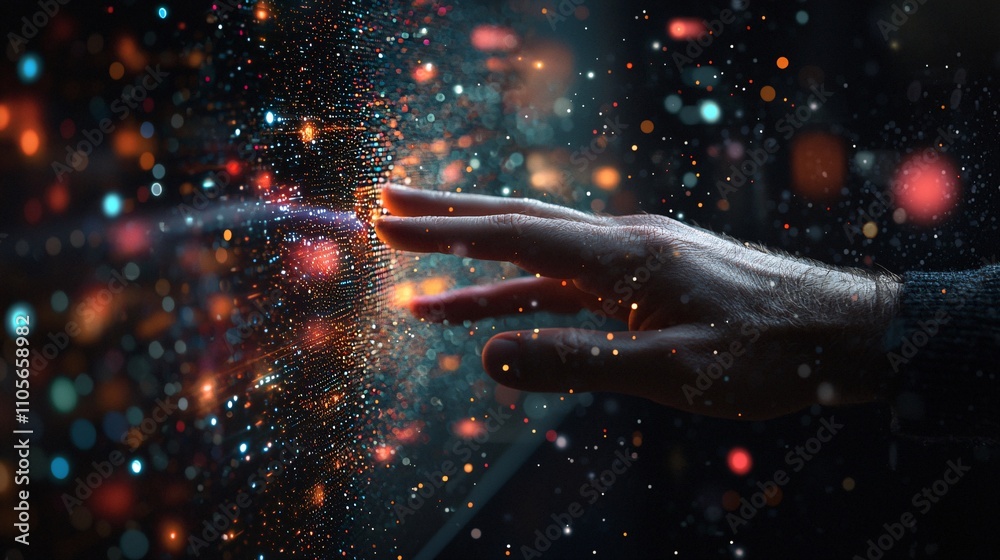 Aufkleber A close-up of a hand interacting with a virtual touch screen displaying AI-driven business insights Stock Photo with side copy space
