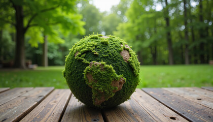  Moss-covered globe symbolizing eco-conscious earth on wooden table