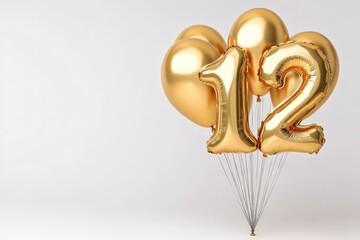 A collection of shiny golden balloons arranged in the shape of the number twelve, against a plain white background, perfect for celebratory events or anniversaries.