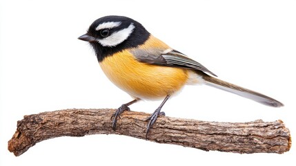 Fototapeta premium Cute Yellow Breasted Tit Bird Perching on Mossy Tree Branch in Winter Forest