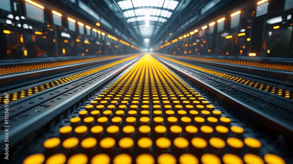 Poster An automated production line integrating AI for seamless operations and precision Stock Photo with side copy space