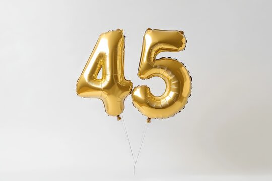 A set of gold balloons shaped as the number 45, floating against a neutral background with shiny reflective surfaces, perfect for celebrations or marketing use.