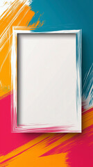 A simple and modern design of a vertical empty white rectangle frame with colorful abstract paint brush strokes decoration around its border.