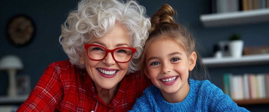 Woman and a young girl are smiling at the camera. The woman is wearing glasses and a red shirt, while the girl is wearing a blue sweater. The scene is set in a living room with a clock on the wall