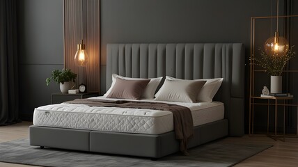 New orthopedic mattress on stylish bed in room.