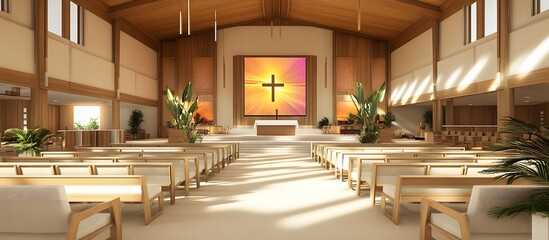 Modern church sanctuary with wooden pews, bright sunlight streaming through windows, and a large cross displayed on a screen.
