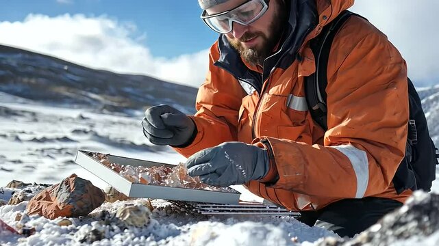 Professional Mining Analyst Evaluating Rock Samples in Rugged Area