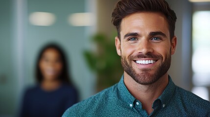 Financial advisor explaining loan conditions in a homey office, warm lighting, smiling client in background, inviting and calm