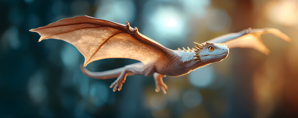 Fototapeta premium A fantastical dragon glides gracefully through a mystical forest, showcasing its delicate wings and shimmering scales in a magical atmosphere.