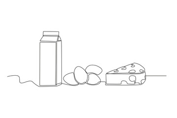 Single continuous line drawing of Boxed milk, eggs and cheese. Dynamic single line draw design graphic vector illustration.
