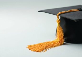 Black graduation cap with yellow tassel on light background