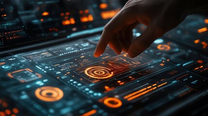 Futuristic Touchscreen Interface with AI Technology ,Modern Digital Presence showcase Futuristic interface with hand interaction ,Innovation in Technology ,Futuristic User Experience Concept