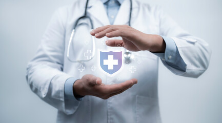 A healthcare professional presents a glowing shield icon, symbolizing advanced medical security, patient data protection, and innovative health solutions in the digital era