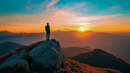 Horizon glows as a solitary hiker stands atop a rugged peak, embracing the breathtaking sunset over undulating mountains in a moment of serene adventure.