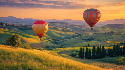 Obraz premium Hot air balloons float over a picturesque landscape during sunset.