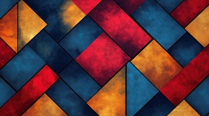 Fototapeta premium Abstract geometric pattern. Red blue, yellow textured tiles. Interlocking shapes create visual design. Intricate geometric pattern. Colorful tile pattern. Modern design. Modern geometric shapes.