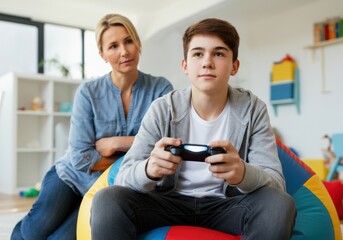 Caucasian woman with teen boy playing video games at home frustrated mother  stands nearby in living room
