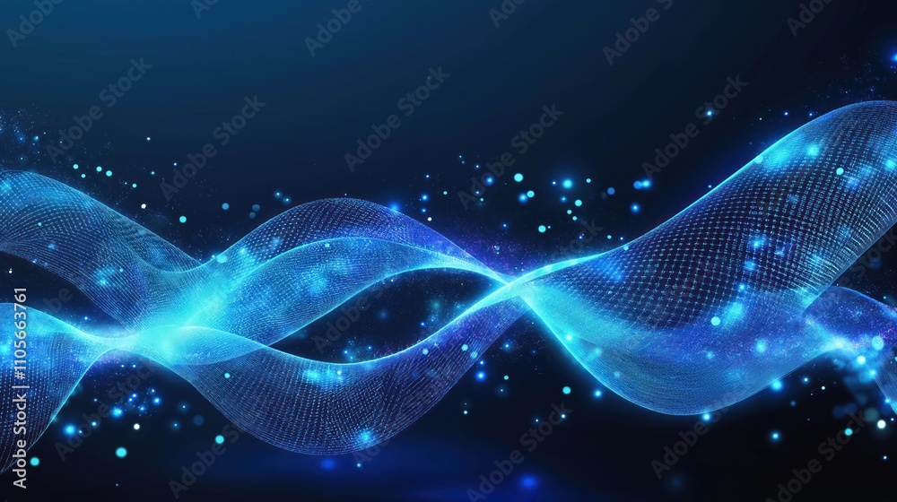 Poster abstract blue wavy lines form dynamic tech background. intricate digital network structure creates s
