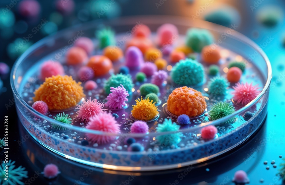 Poster colorful microorganism varieties displayed in petri dish. multiple bacteria protozoa algae, fungi vi