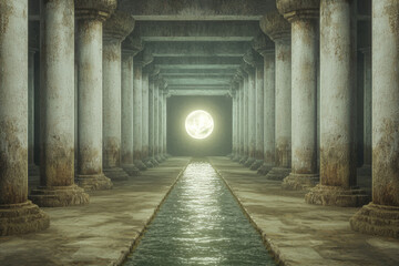 Fototapeta premium massive industrial room with weathered columns and serene waterway leading to glowing moon. atmosphere evokes sense of mystery and tranquility
