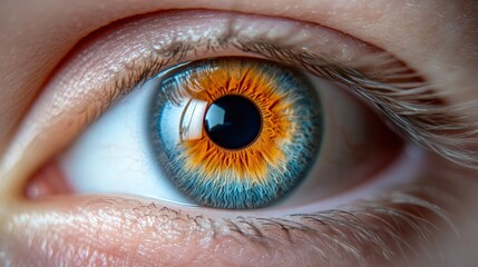 Fototapeta premium Close-up of a captivating human eye with vibrant blue and orange hues, showcasing intricate details of the iris and eyelashes, Ideal for use in medical articles, beauty products