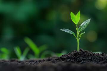 Fototapeta premium Plant growth in ground. Concept of business growth or fertilization in agriculture and gardening. Copyspace for text