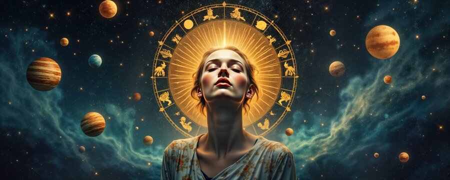 Woman with closed eyes gazing at abstract zodiac wheel in space. Vintage astrological symbols, planets float around celestial scene. Mystic energy fills image. Suitable for astrology websites, books.