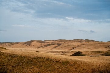 Icelandic minimalistic landscape. Beautiful autumn scenery. Green and yellow moss on hills. Cloudy sky.