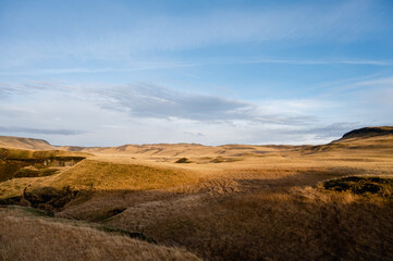 Icelandic minimalistic landscape. Beautiful autumn scenery. Green and yellow moss on hills. Cloudy sky.