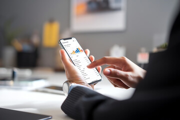 businessman analyzing data on smartphone while sitting at a desk with various office supplies in a modern workspace