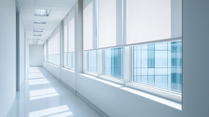 A bright, minimalist corridor featuring large windows and sleek design, emphasizing openness and modern architecture.