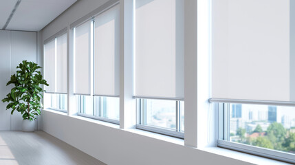 A modern office space featuring large windows with roller blinds and a potted plant, creating a bright and inviting atmosphere.